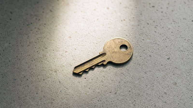 A single key on a plain concrete surface lit by a shaft of daylight
